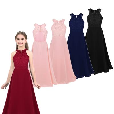 Girls Sleeveless Lace Chiffon Halter Flower Girl Dress Princess Pageant Wedding Kids First Communion Tutu Floor Length Dress