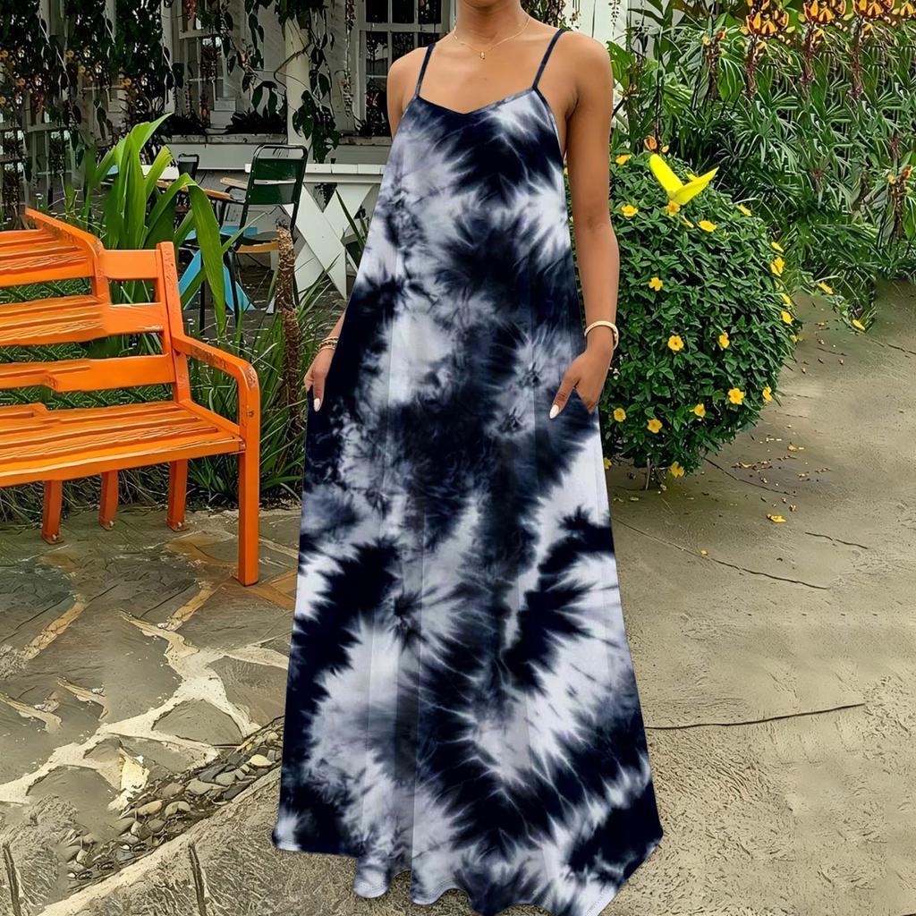 Damen Tie-Dye Maxikleid Ärmellos Spaghettiträger Lässig Lockerer Schnitt Lang Sommer-Sonnenkleid Mit Taschen Für Frühling Und Sommer
