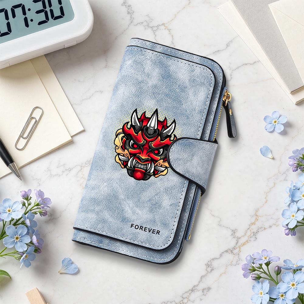Vintage Long Wallet with Oni Pattern Large Capacity Multi Card Slot Fashion PU Leather Wallet for Daily Use
