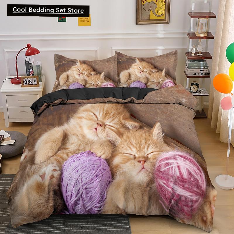 Super Cute Kitten Kids Bedding Set Kawaii Girl Quilt Cove King Queen Size Cat Animal 2/3pcs Polyester Duvet Cover (No Sheet)