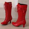 Mode Automne Hiver Bottes Hautes pour Femmes Noir Rouge Botte Haute au Genou Femme Talon Moyen Lacets Chaussures de Fête Dames Grande Taille