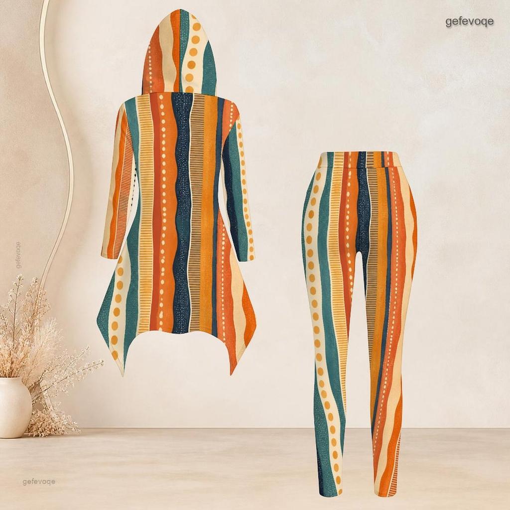 Women Plus Size Hooded Long Sleeve Printed High Low Top Fitted Pants Two Piece Set