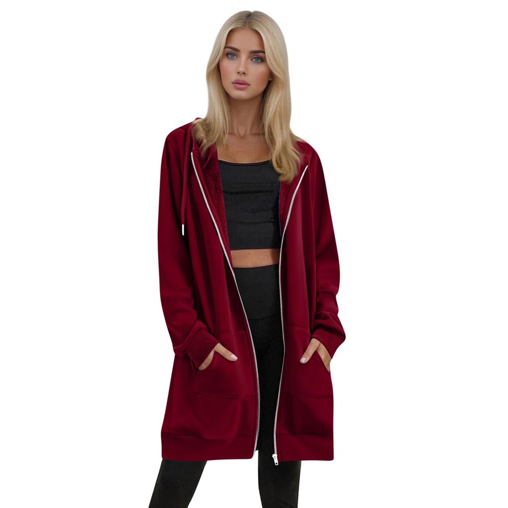 Women's Solid Color Zippered Sweatshirt Top Daily Casual Raglan Long Jacket (Without Hood Drawstring)