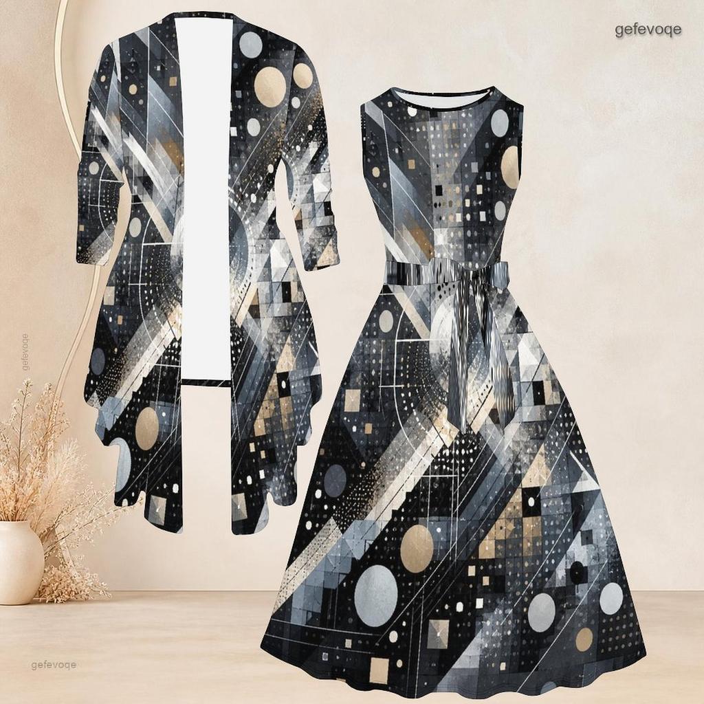 Women Plus Size Abstract Geometric Printed Two Piece Set Three Quarter Sleeve Open Front Cardigan Sleeveless Crew Neck Tie Waist Flared Dress