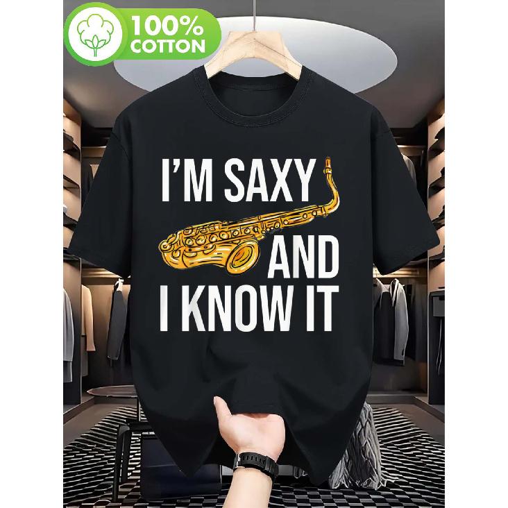 Men s Funny I m Saxy & I Know It Saxophone T-Shirt - Saxy Player Gift for Musicians & Teachers, Casual Round Neck Tee Suitable for Players, Machine S чёрный