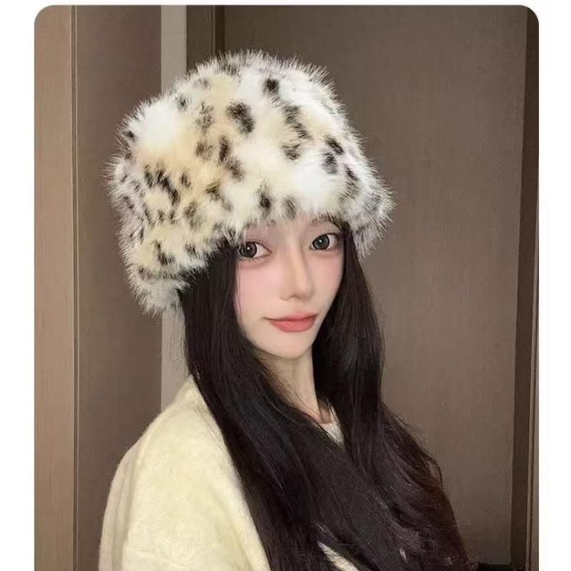 Korean Style Leopard Print Plush Bucket Hat Warm Winter Ear Protection Hat