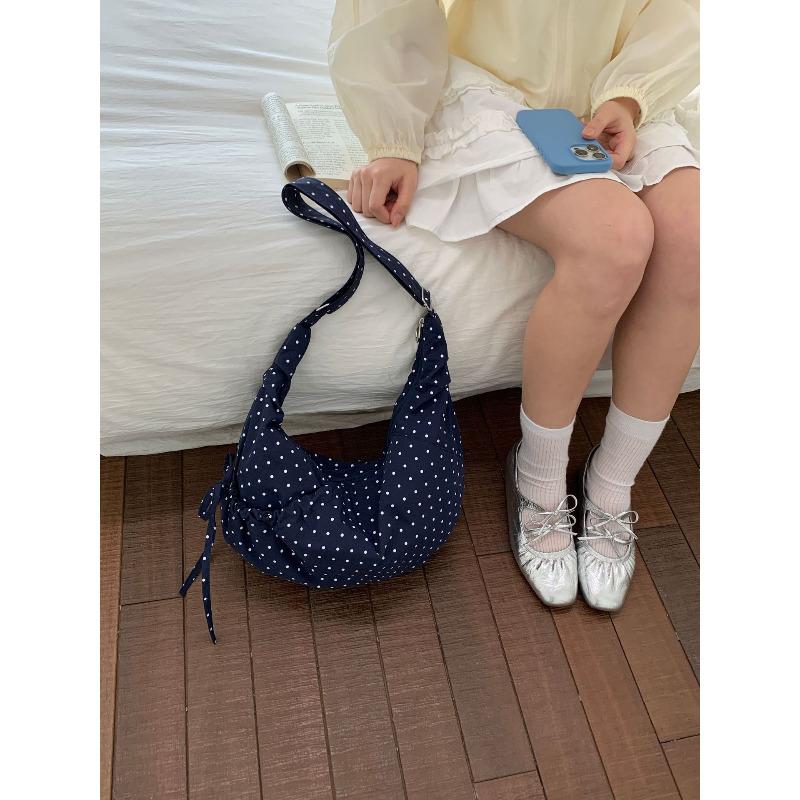 

Cute Polka Dot Drawstring Crossbody Bag Korean Style Fashionable Shoulder Handbag Trendy Water Dumpling Bag for Women KTB Темно-синій