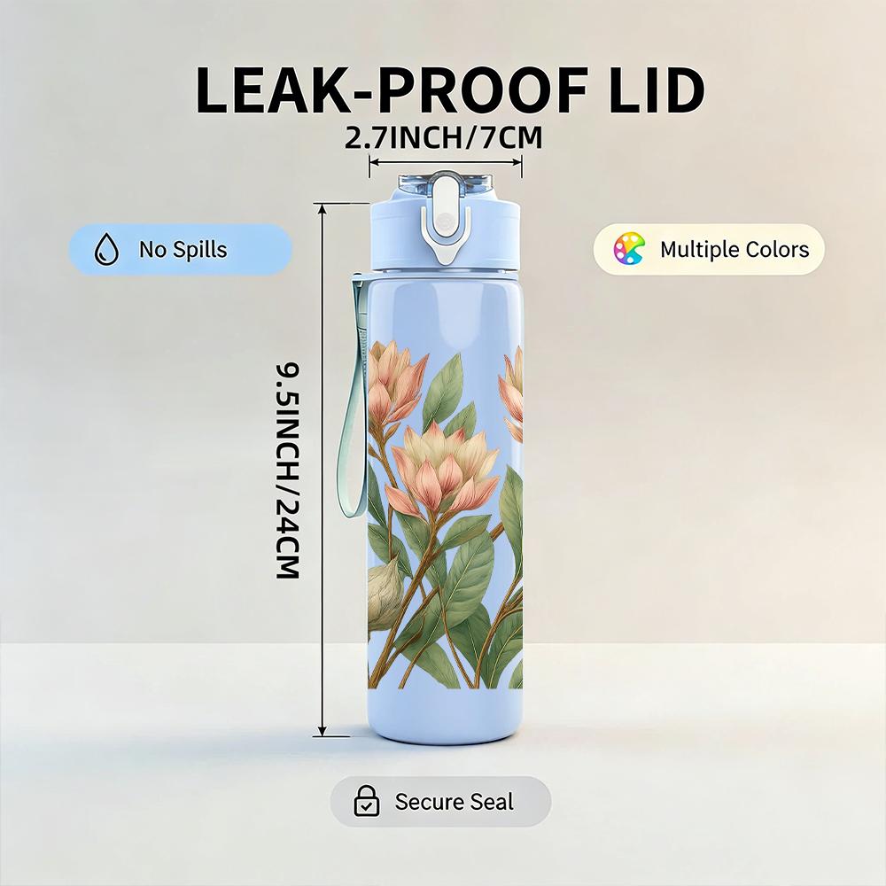 1PC Pink Protea Flower Bouquet 750ml Color Plastic Sports Water Bottle Leakproof Flip Straw Lid For Sports Office Home Use