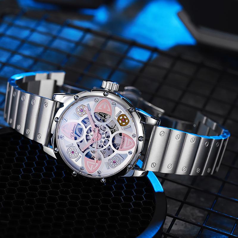 Herren-Automatik-Armbanduhr aus Legierung mit Edelstahlarmband, 30M Wasserdichtigkeit, Leuchtzeiger und Zifferblatt, für Freizeit, Business und Sport