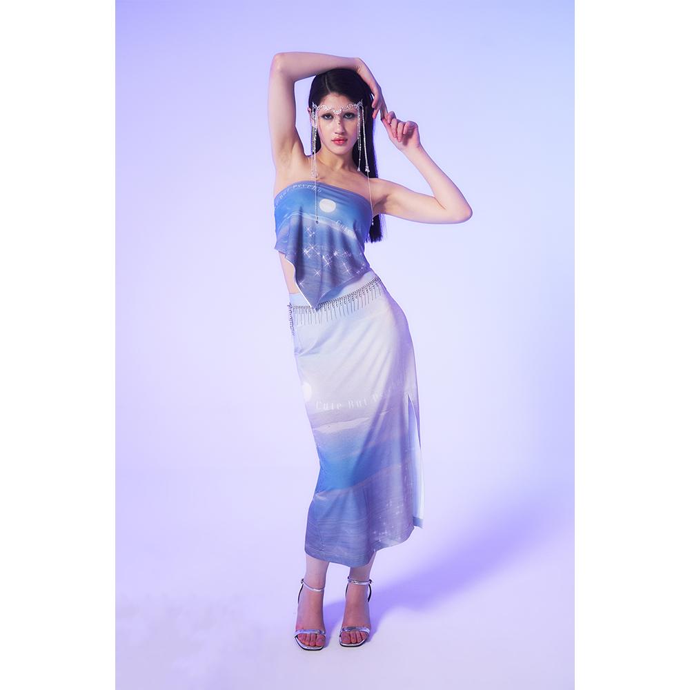 Hatu Beach Printing Slit Midi Skirt Purple