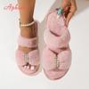 Fashion Aphixta New Warm Winter Double Size Pearl Crystals Women Slippers Furry Open Toe Shoes Indoor Flat Heel Hair Slides Big Size 43