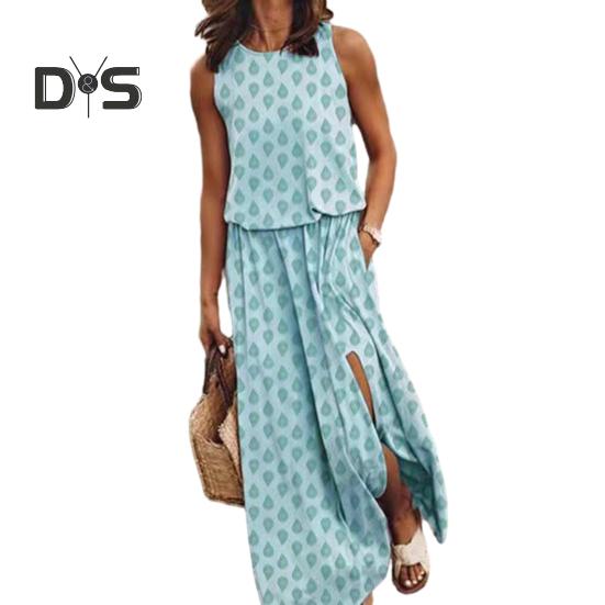 Women's Sleeveless Maxi Dress Casual Crew Neck Elastic Waist Split Long Dress with Pocket Summer Beach Vacation Sundress