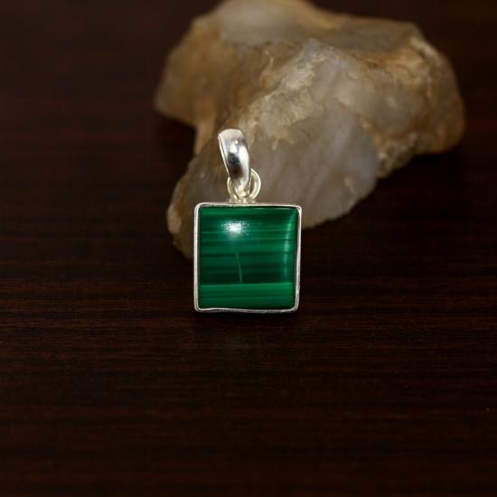 Green Malachite Square Pendant: 925 Sterling Silver Handcrafted Bohemian Necklace