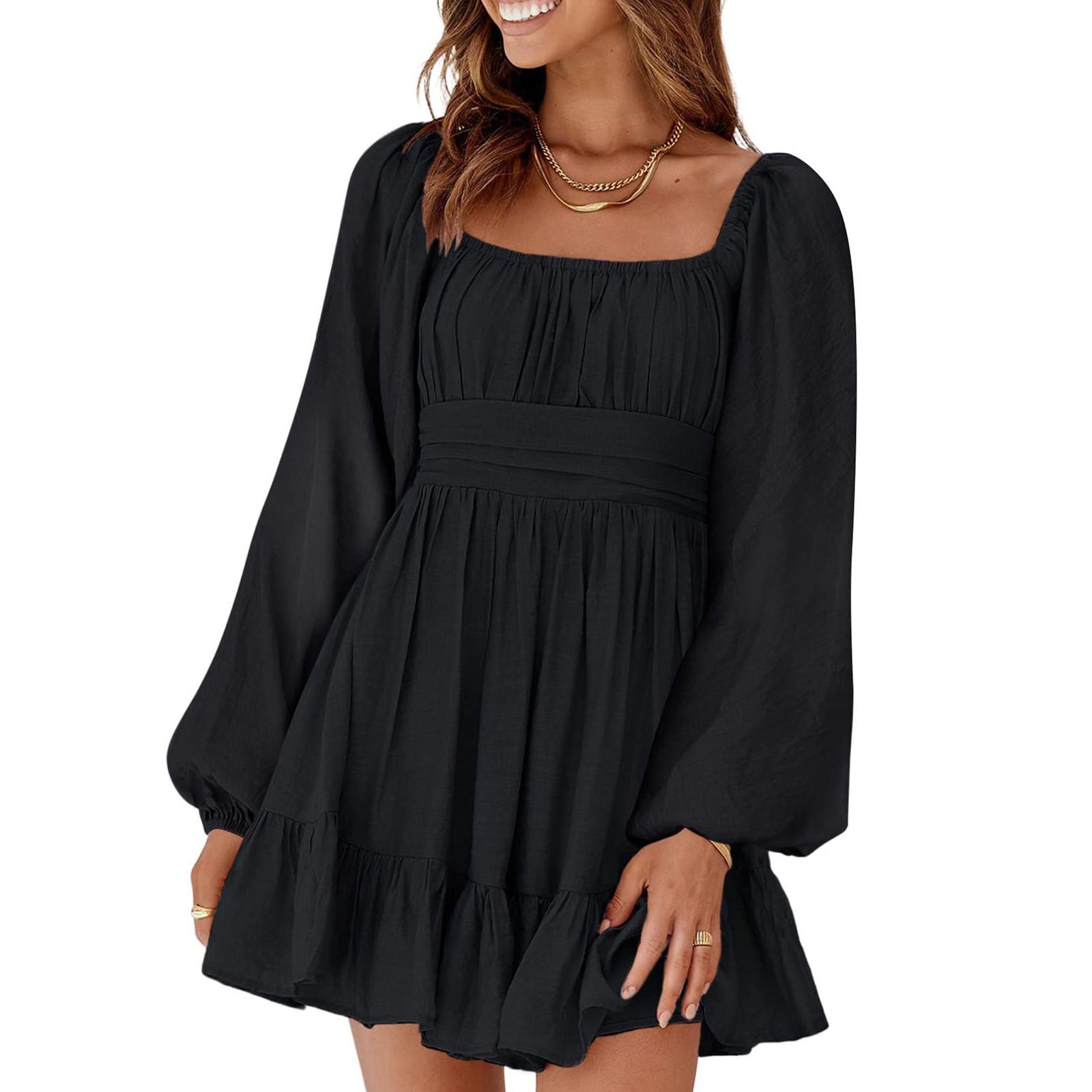 

Женские летние платья с квадратным вырезом, оборками и короткими рукавами, однотонные платья с завязками S чёрный