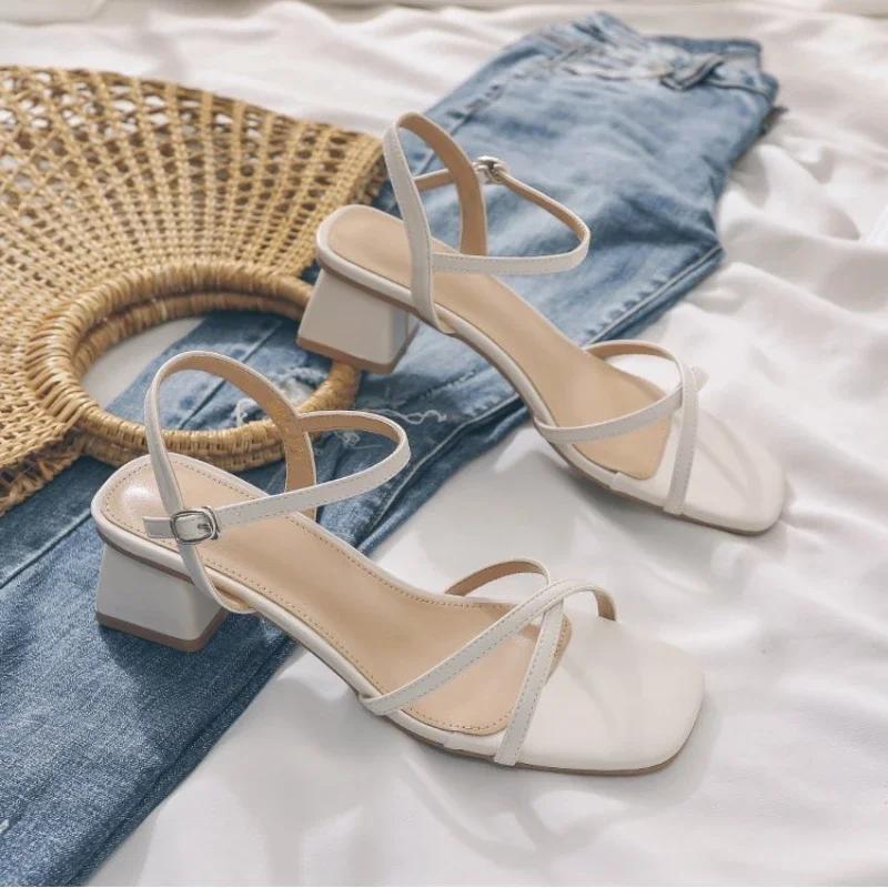 Summer Square Heel Women's Sandals Women's Shoes Black Versatile Fashion Elegant Middle Heel Shoes