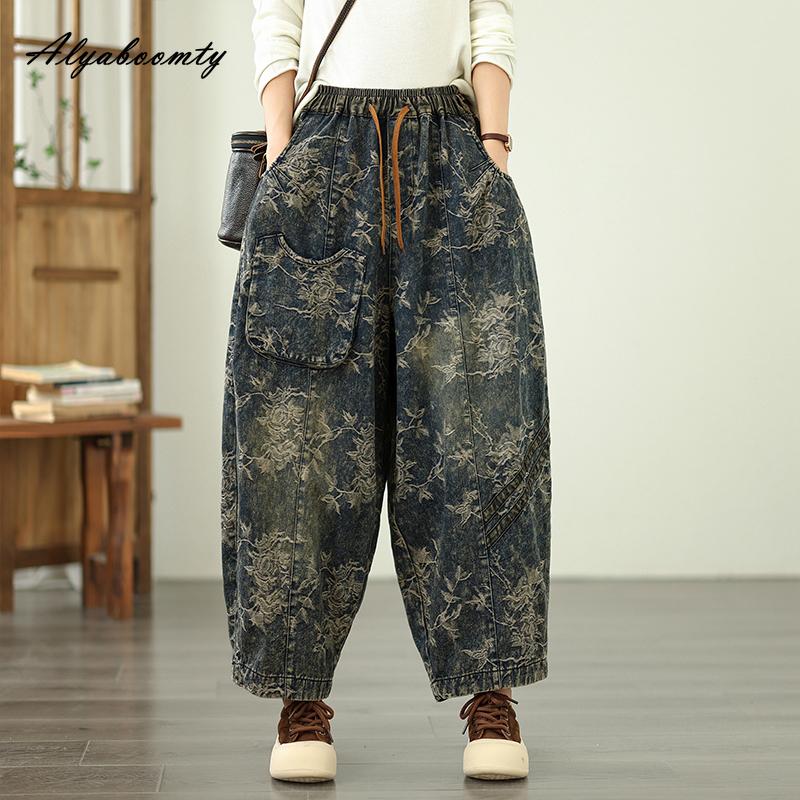 

Женские джинсы гаремы в корейском стиле, уличная одежда, эластичная талия на кулиске, джинсовые брюки с цветочным принтом, винтажные мешковатые джинсы больших размеров для женщин M