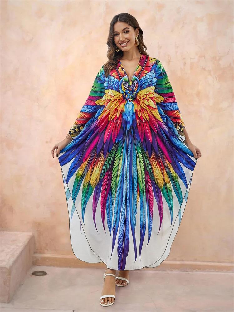 

EDOLYNSA Богемный принт ручной вязки с V-образным вырезом и рукавами «летучая мышь» Кафтан больших размеров Свободное домашнее платье 2024 Летняя пляжная одежда Накидка на купальный костюм Q1588 One Size разноцветный