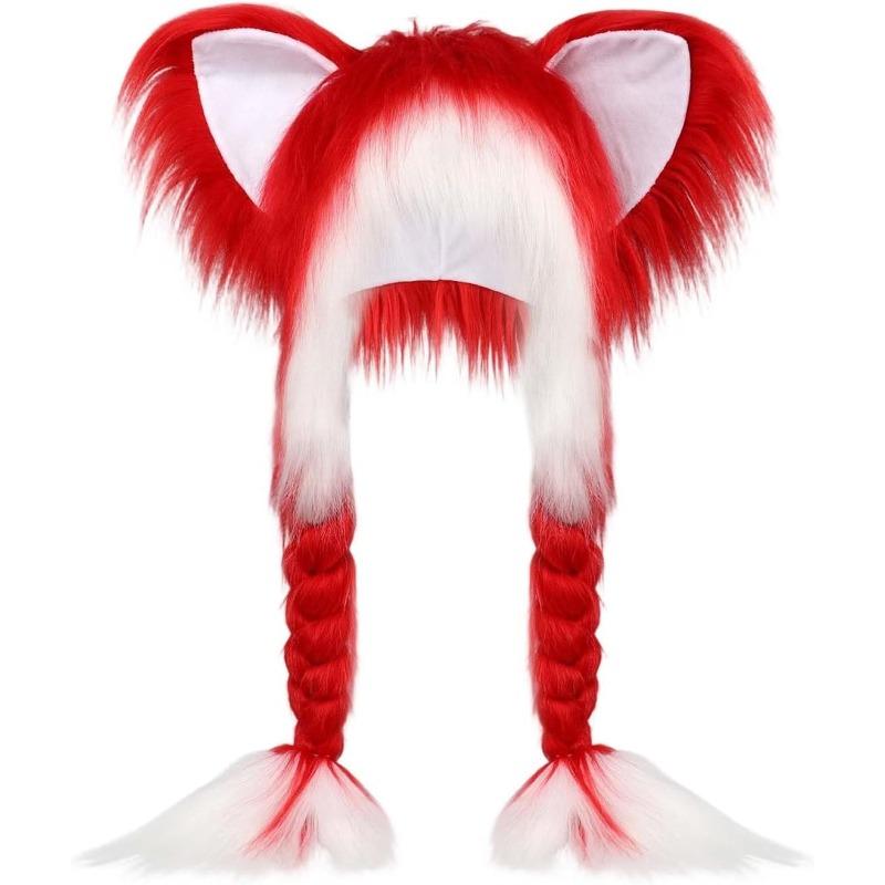 Sevimli Peluş Kedi Şapka, Örgülü Yumuşak Tüylü Hayvan Kulaklı Şapka Kışlık Sıcak Kulaklıklar Baş Maskesi Cosplay Aksesuarı