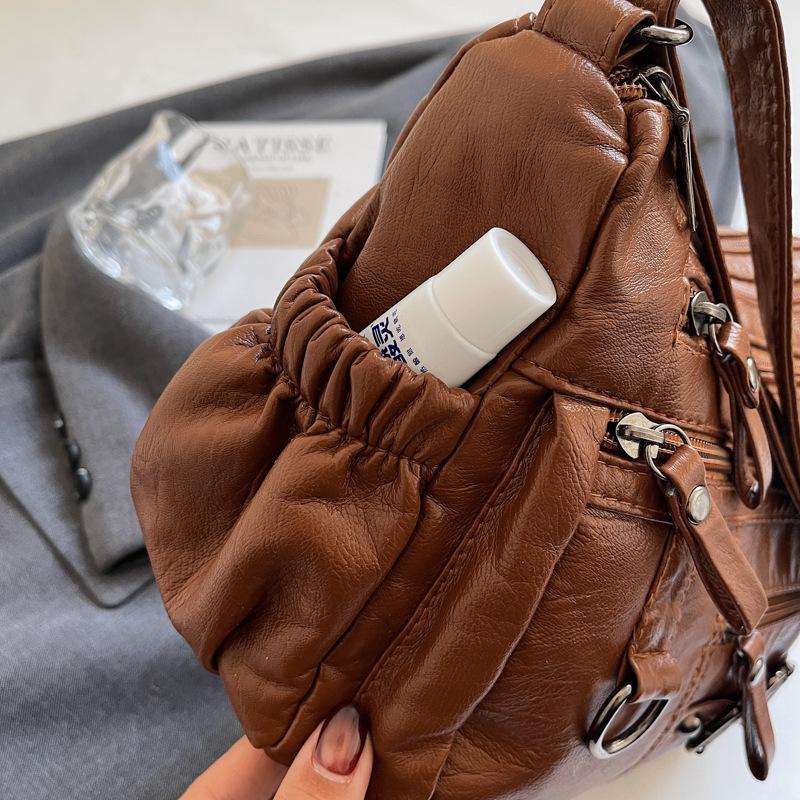 Retro-Tasche aus weichem Leder, Modisch und schlicht, Großräumige Mama-Tasche, Mehrere Fächer, Umhängetasche