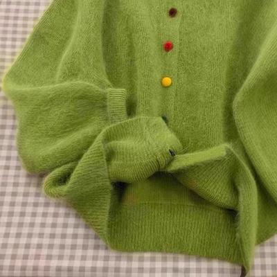Retro Grün Top Bunte Knopfstrickjacke für Damen Frühling Herbst Locker Weiß Gestrickte Strickjacke