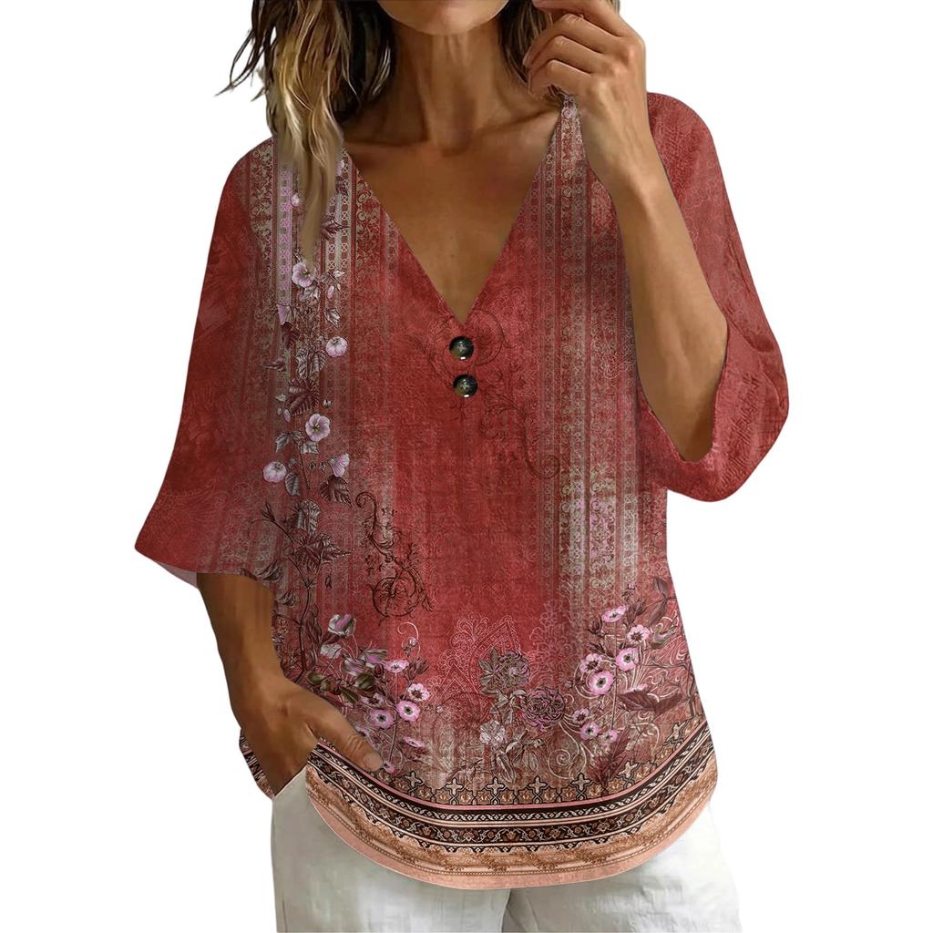 Women V Neck Vintage Floral Print Loose Fit Short Sleeve T Shirt Button Detail Linen Blend Fabric Casual Top for Daily Wear