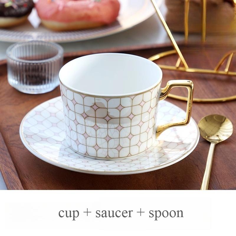 Sady kávových šálků a podšálků z jemného kostního porcelánu, 270 ml, krásně glazovaný šálek na čaj se zlatým lemem a uchem, keramické kávové šálky se zlatou lžičkou