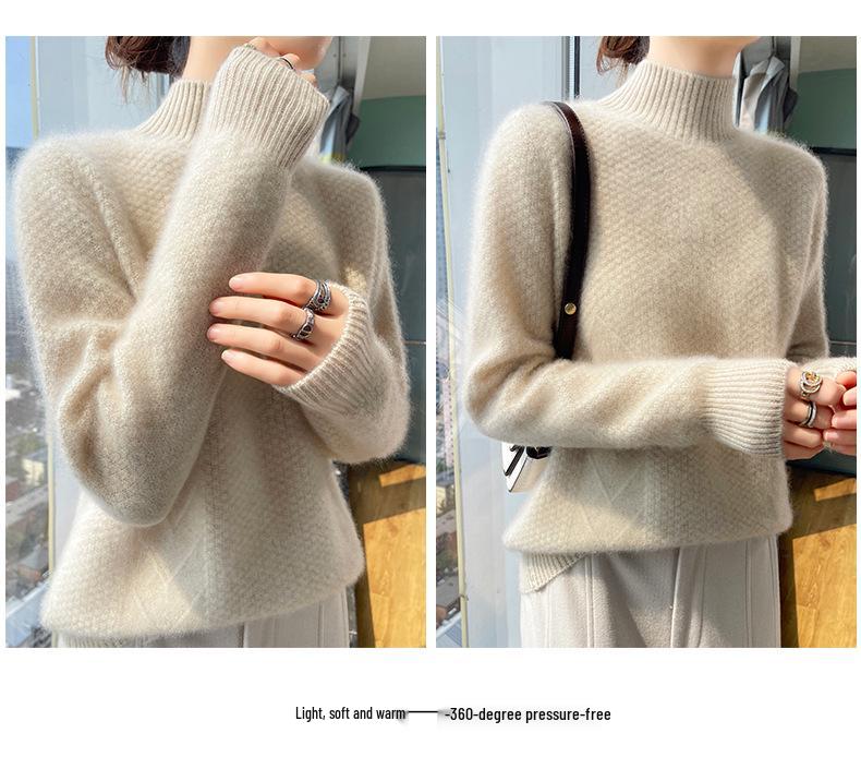 Women's High Neck Wool Sweater: Autumn/Winter Osmanthus Stitch, Thickened Loose Pullover Knitwear.
