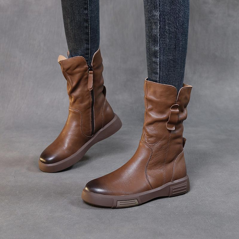 Women Boots Autumn Winter Plush Warm Mid Calf Boots Round Toe Zipper Pleated Thick Bottom Leather Cotton Boots