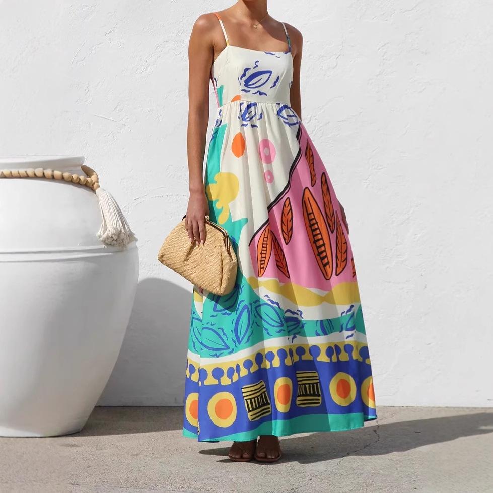 Women's Boho Floral Beach Sundress Sleeveless Summer  Maxi Dress Spaghetti Straps Casual Smocked Flowy A-Line Dress Party Long Dresses for Women