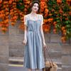 Bailuyu Hollow-out Floral Patchwork Faux Two-Piece Denim Dress