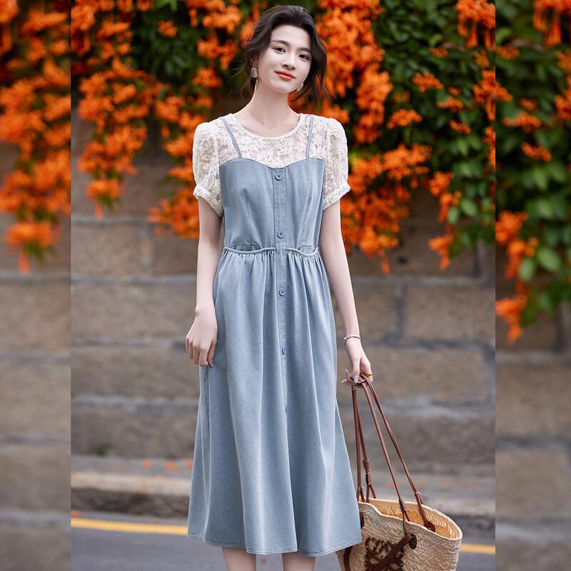 Bailuyu Hollow-out Floral Patchwork Faux Two-Piece Denim Dress