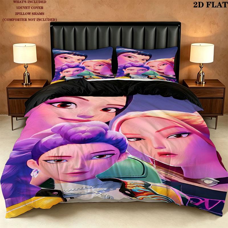 Kpop Demon Hunters Pattern Bedding Quilt Set Quilt Cover Pillowcase Home Birthday Gift(1 * duvet cover + 2 * pillowcase, without core)