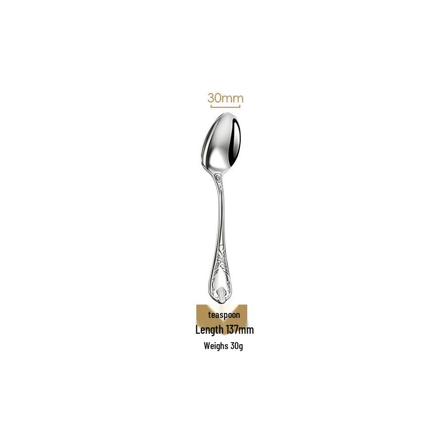 304 Stainless Steel Cutlery Set: French Mirror Finish with Noble Vine Embossed Design - Includes Steak Knife, Fork, Spoon, and Luxury Soup Spoon.