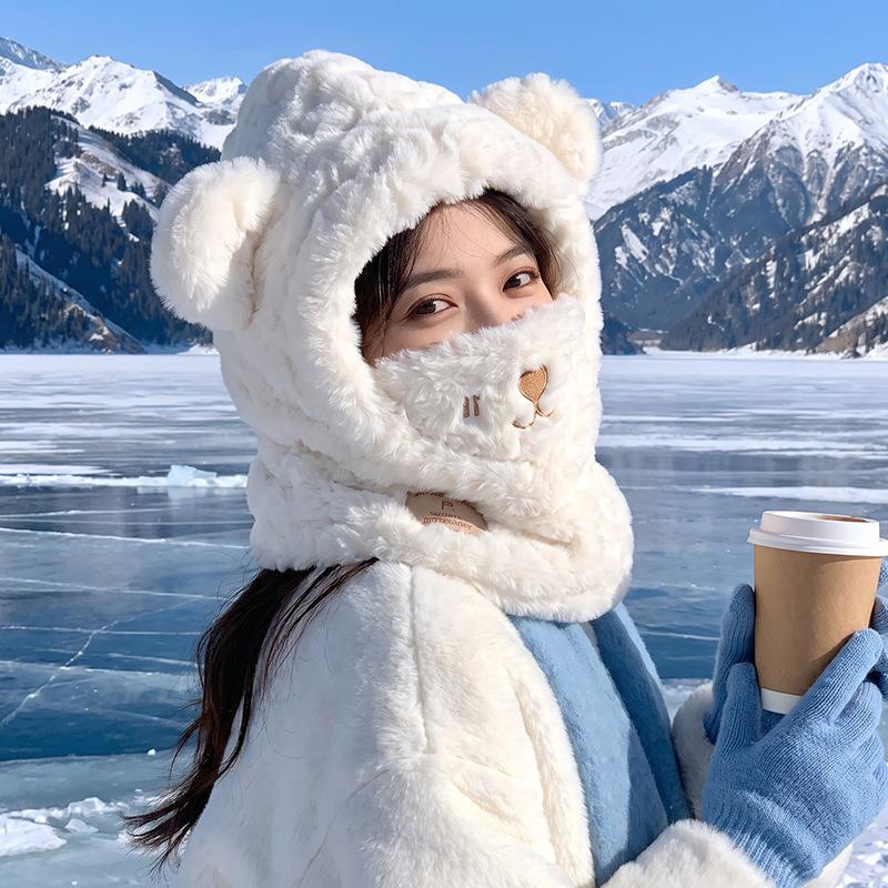 Pullover hat female winter cute bear hat cycling cold and warm artifact outdoor thickened integrated ear hat