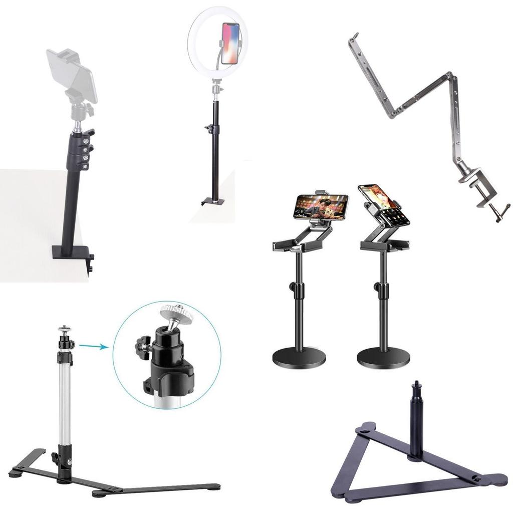 Telescopic Phone Stand with Strong Clamp for Live Broadcasts and Overhead Food Photography, Includes Fill Light
