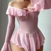 Plus Size Sexy Mesh Transparent Nightgown Rave Ruffle Bell Long Sleeve Off Shoulder Dress Lingerie Babydoll with Thong Nightwear