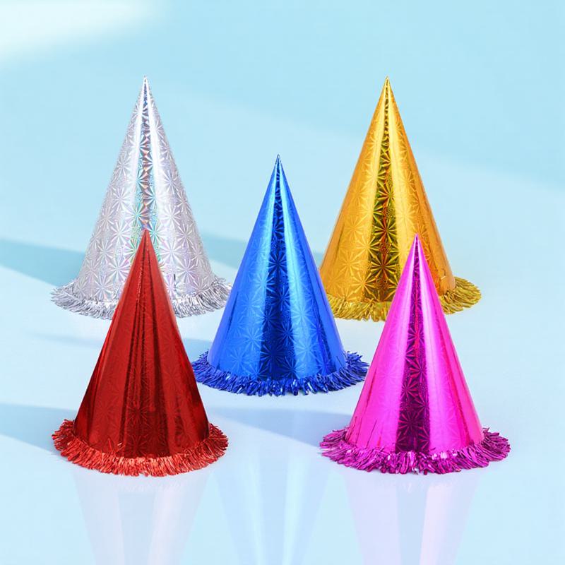 18Pcs Party Cone Hats Glittering Tassel Edge Hard Paper Elastic Band Comfortable Birthday Hats for Adults Festival