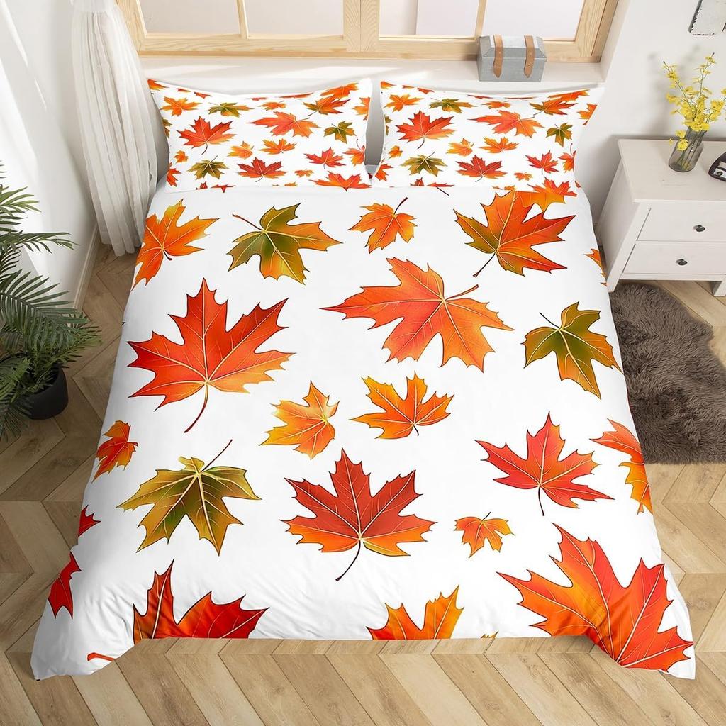 Fall Maple Leaves Duvet Cover King Autumn Harvest Theme Bedding Set Cartoon Christmas Santa Thanksgiving Pumpkin Comforter Cover