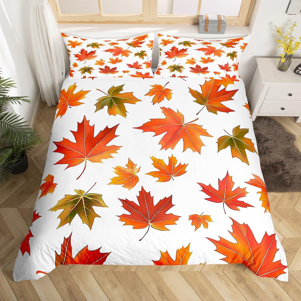 

Fall Maple Leaves Duvet Cover King Autumn Harvest Theme Bedding Set Cartoon Christmas Santa Thanksgiving Pumpkin Comforter Cover EU Single(135x200cm)