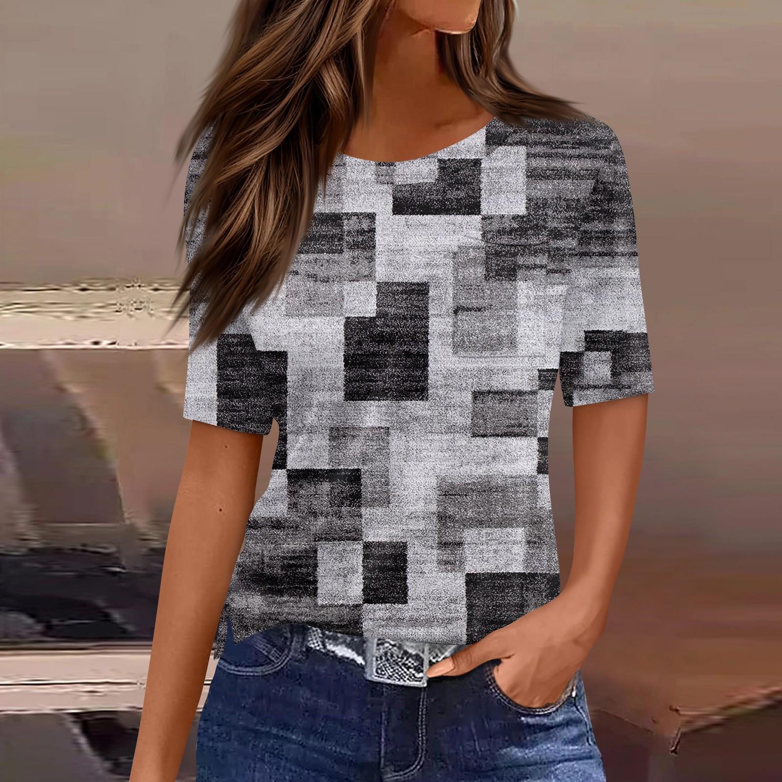 

Футболки для женщин, плиссированные, с круглым вырезом, нарядные, повседневные, блузки с принтом, с коротким рукавом, летние топы, свободный крой M чёрный