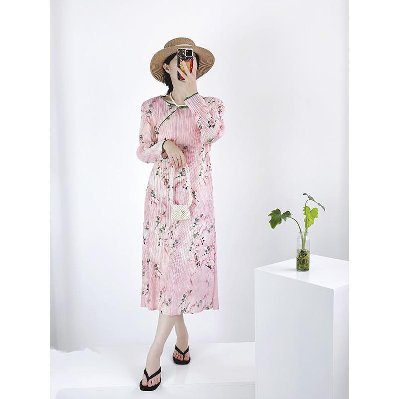 Womens Pleated A-Line Midi Dress With Geometric Print Loose Fit Chinese-Inspired Elegant Long Daily Wear Pink-Red