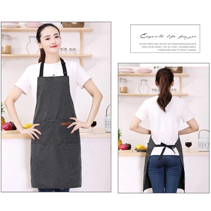 Kitchen Cotton Striped Apron Household Adult Apron for Cleaning Cooking Baking Large Pockets Men Women Apron Overalls