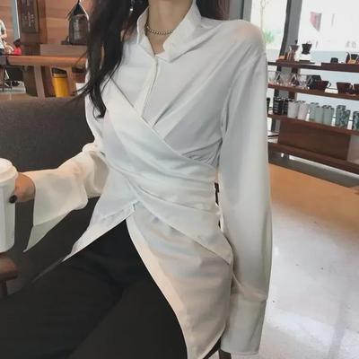 Chemise à manches longues pour femme, style coréen, col montant, coupe slim irrégulière