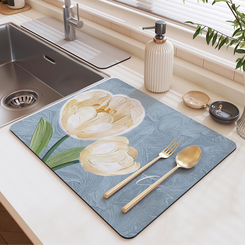 Natural Diatomite Dish Drying Mat with Fast Absorption, Heat Resistant & Non-Slip Pad for Sink Countertop - 30x40cm To 50x80cm Floral Design