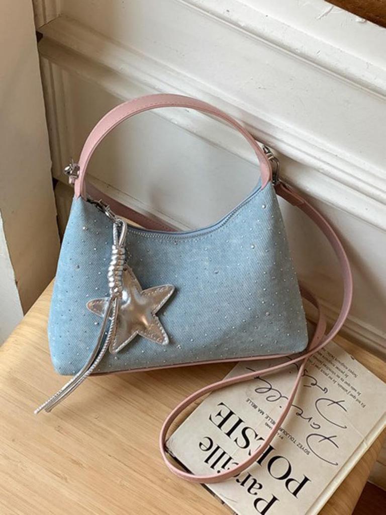 Luxury Denim Diamd Handbag 2026 Spring Summer New Women's Underarm Bag Elegant Fashi Party Handbag with Pendant