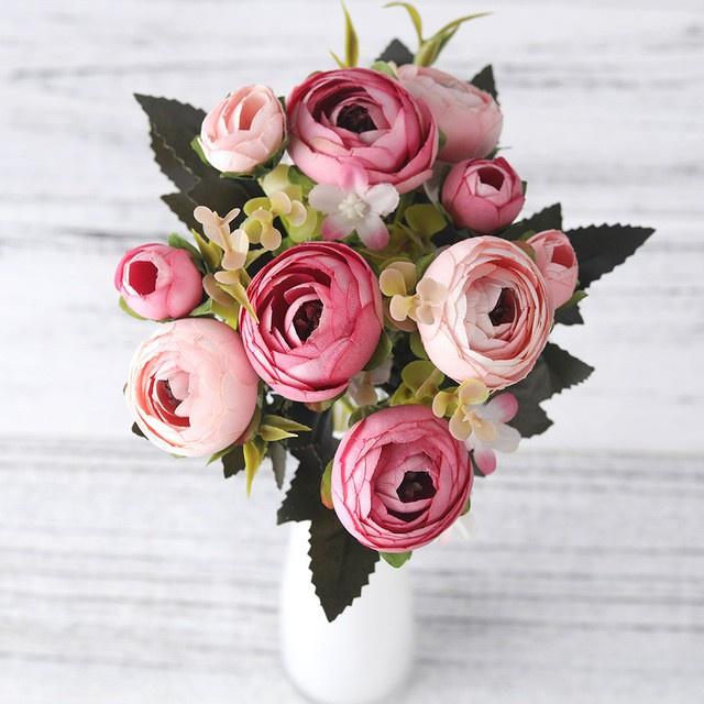 Dualswish European Vintage Bunga Hiasan Artificial Silk Rose Flowers 6 Head 4 Small Bud Bouquet Wedding Home Party Decoration