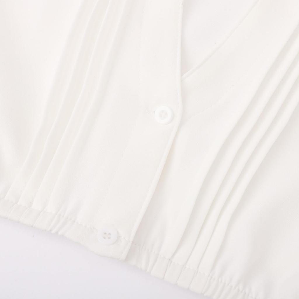 Women Short Sleeve Cropped Blouse V Neck Pleated Front Button Down Top with Decorative Trim for Casual or Festival Wear