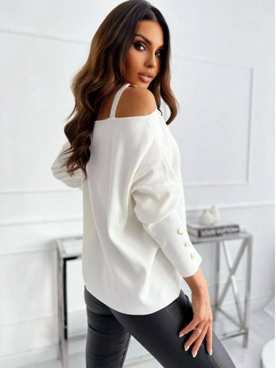 2023 Fashion Off-Shoulder Long Sleeve Women's T-Shirt with Sexy Chain Button Decoration