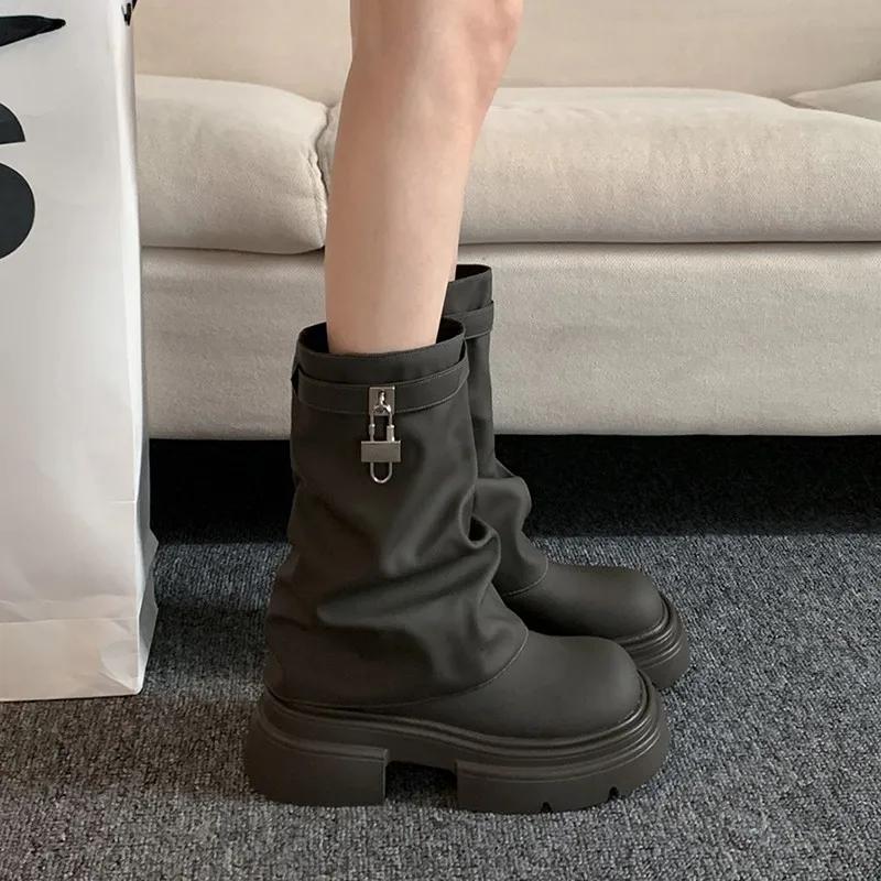 Heel Boots Shoes  Round Toe Luxury Designer Boots-Women Elegant Lolita Autumn Rock Ladies Fashion Ankle  Solid Slip