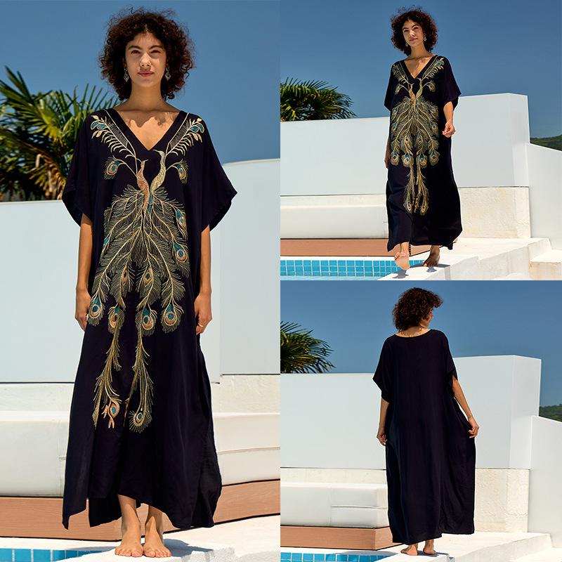 "European & American Embroidered Cotton Maxi Skirt: Women's Beach Sun Protection Robe"